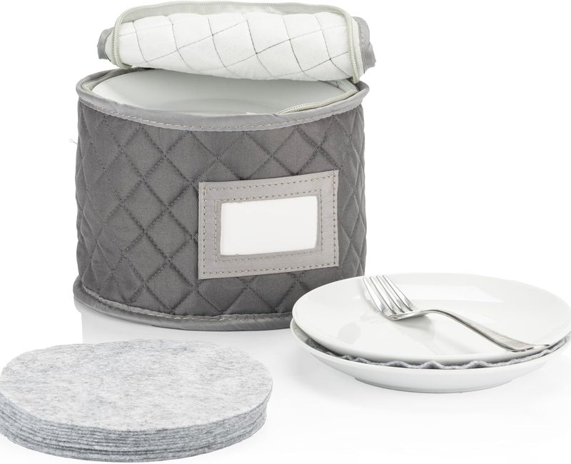 Stack Store Plus More China Storage Case - Saucer or Small Plate Quilted Case - 7" diameter x 6" height - Gray - Includes 12 Felt Separators -Stackable With Padded Interior - Great for Appetizer Plates - Image 1